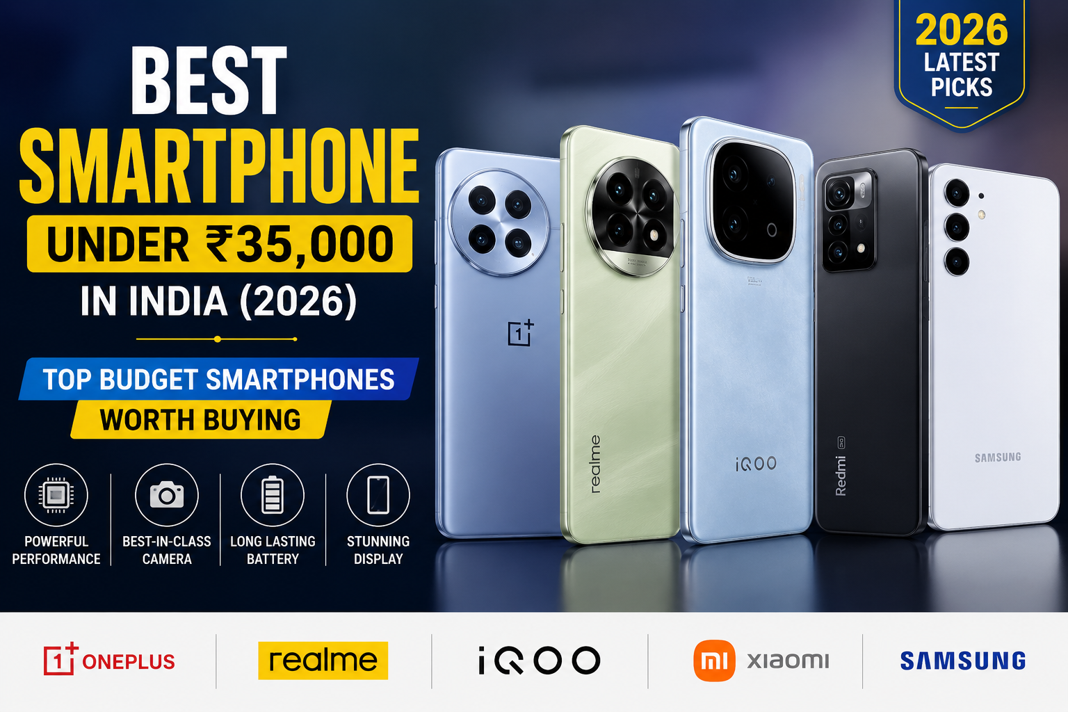 Compare the best smartphones under ₹35,000 in India (2026) from top brands including OnePlus, Samsung, Realme, Xiaomi, Redmi, and iQOO.