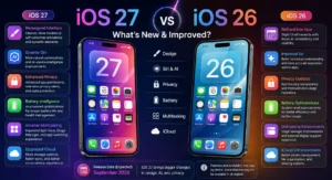 iOS 27 vs iOS 26 comparison showing biggest changes in performance battery and AI features