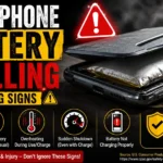 Smartphone battery swelling warning signs with bulging battery safety alert