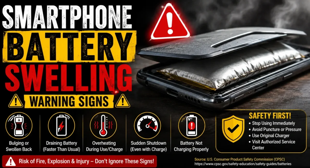 Smartphone battery swelling warning signs with bulging battery safety alert