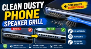 Cleaning a dusty phone speaker grill with a free sound frequency app to restore clear audio.