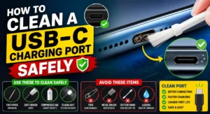 How to safely clean a USB-C charging port with pocket lint using a non-metal cleaning tool