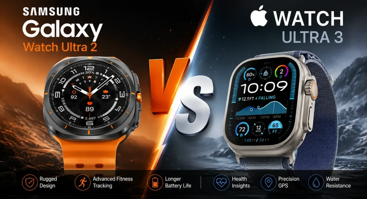 Samsung Galaxy Watch Ultra 2 vs Apple Watch Ultra 3 outdoor smartwatch comparison for battery GPS and display performance