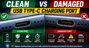 How to Clean Type-C Charging Port Safely : Clean USB Type-C charging port compared with damaged connector pins